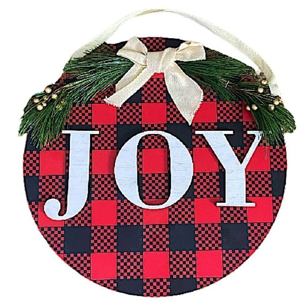 Christmas Red Buffalo Plaid 12” New Wooden Joy Door Sign Decor Holiday Festive